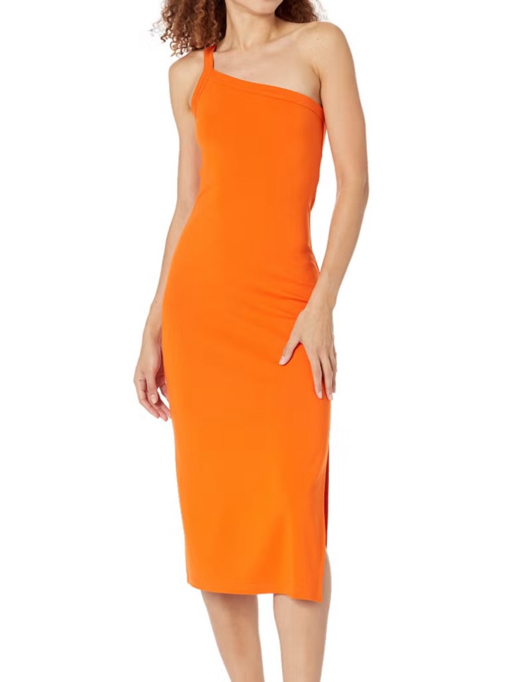 One-Shoulder Orange Midi Dress - Women's